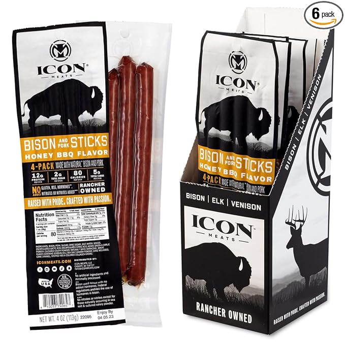 ICON Meats Bison and Pork Snack Sticks - Honey BBQ Flavor - 6 Packs Per Box, 4 Sticks Per Pack, All Natural Jerky Meat Sticks, USDA Approved, Diet Friendly, High Protein, Low Calorie, Low Sugar