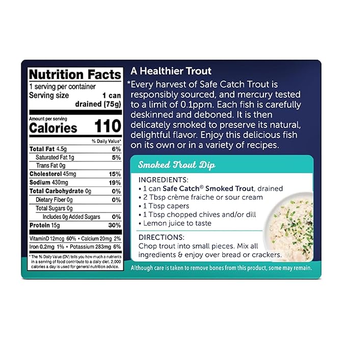 Safe Catch Smoked Rainbow Trout Fillets in Water, Skinless and Boneless Canned Fish, Mercury Tested, Pack of 6