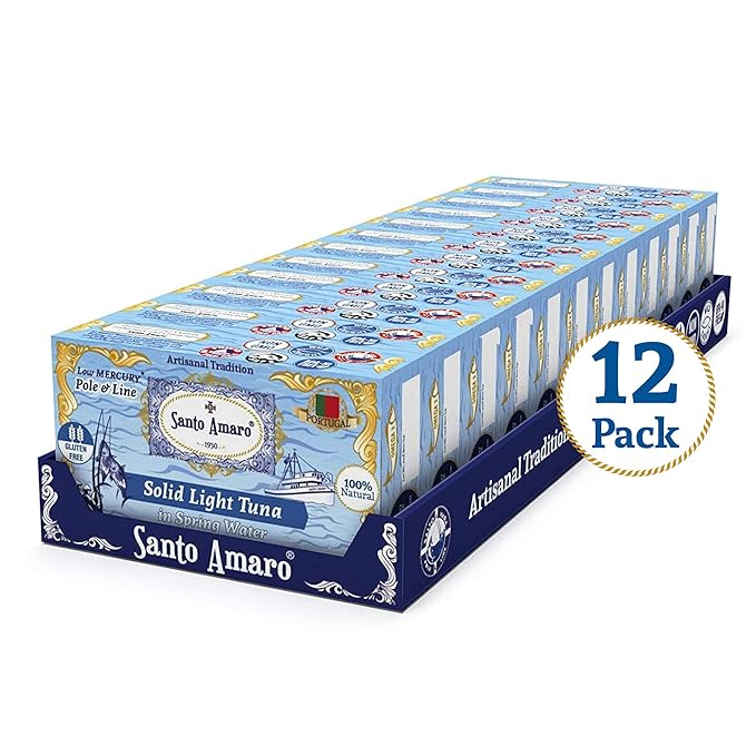 Santo Amaro - Artisanal Wild Tuna Fish in Spring Water, Pole & Line Wild Caught Tuna from Portugal, Hand-Packed Canned Tuna, Solid Light Tuna, 24g Protein Keto, 90 Calories, Low Mercury, Pack of 12