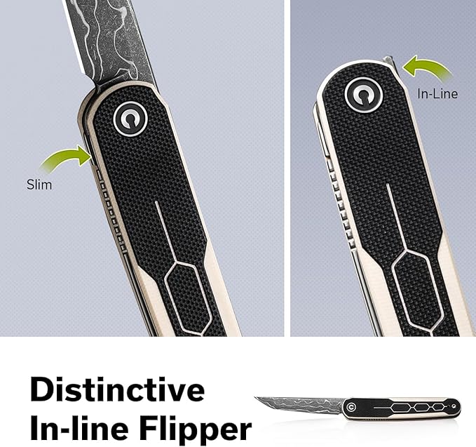 CIVIVI KwaiQ Pocket Knife, Folding Knife with Inline Flipper for EDC, 2.97" Damascus Tanto Blade Two-tone G10 Handle for Women Men C23015-DS1