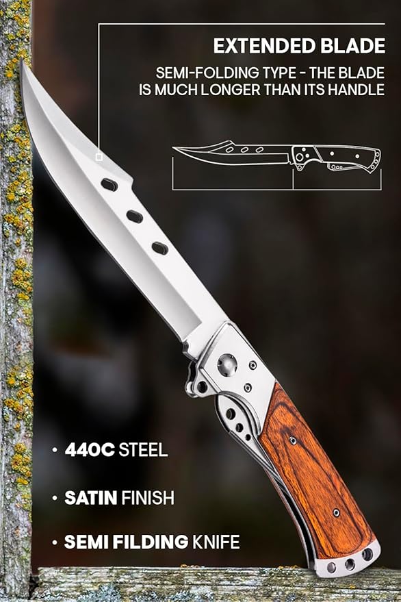 Grand Way Long Blade Folding Knife - Sharp Hunting Hiking Camping Tactical Survival Work Knives for Men Women - Foldable Large Knife with Rosewood Handle - Stocking Stuffers Gifts 4172