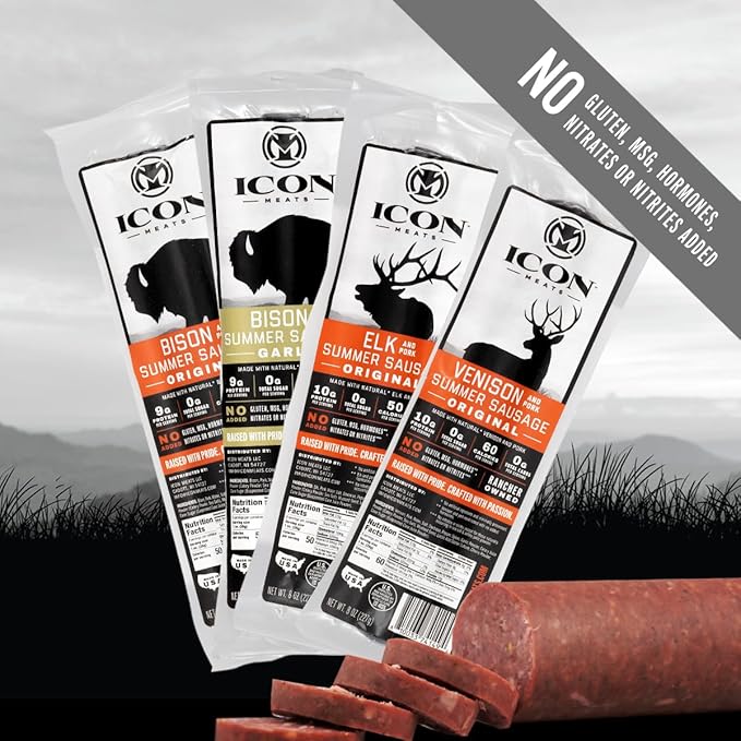 ICON Meats Summer Sausage Sampler Pack - Assorted Flavors of Bison, Elk, Venison, and Pork - 4 Pack of Individually Wrapped Meat Sausages, 1 Per Flavor - All Natural, High Protein, Low Calorie