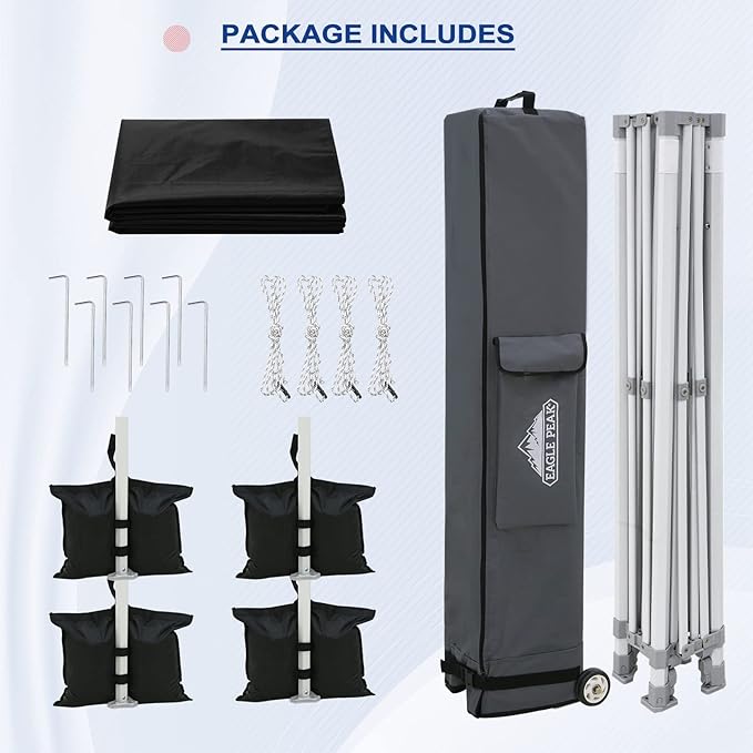 EAGLE PEAK 10x10 Heavy Duty Pop up Commercial Canopy Tent, Instant Marketplace Sun Shelter with Roller Bag and 4 Sandbags, Black
