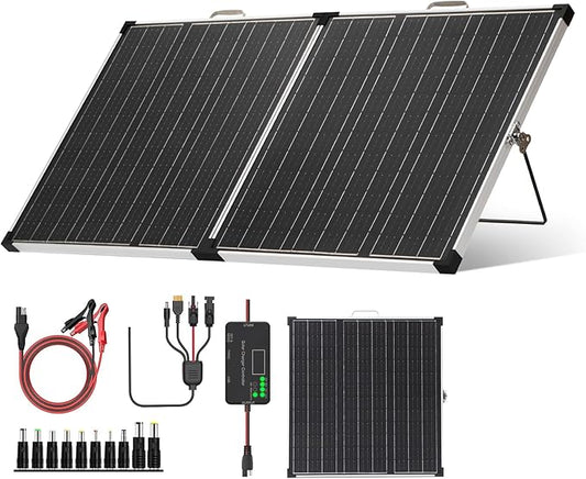 Panana 110W 12V Portable Solar Panel for Power Station, Foldable Off Grid Solar Panel with SAE Connector Kit, Charge Controller, Mount Bracket for Camping Car RV Marine Boat Battery
