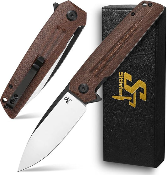 Sitivien ST152 Folding Knife,K110(D2) Steel Blade with Micarta Handle EDC Tool Knife for Outdoor Camping,Hiking,Fishing(Brown)