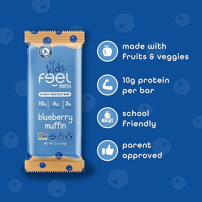 Feel Bar Minis ??Kids Protein Bars | Blueberry Muffin | 10g Plant Protein | 100 Calories | No Added Sugar | + Daily Veggies | Gluten Free, No Nuts, No Soy, No Dairy, No Grains (12 Pack)