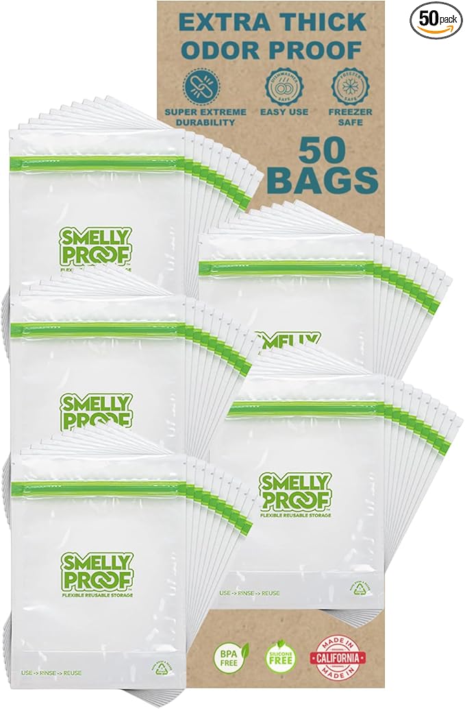 Smelly Proof 50pk Reusable Stand & Fill Food Storage Bags - BPA FREE, NO PEVA, Clear 3 mils STAND UP 6.5" x 7.5" - 50 pcs