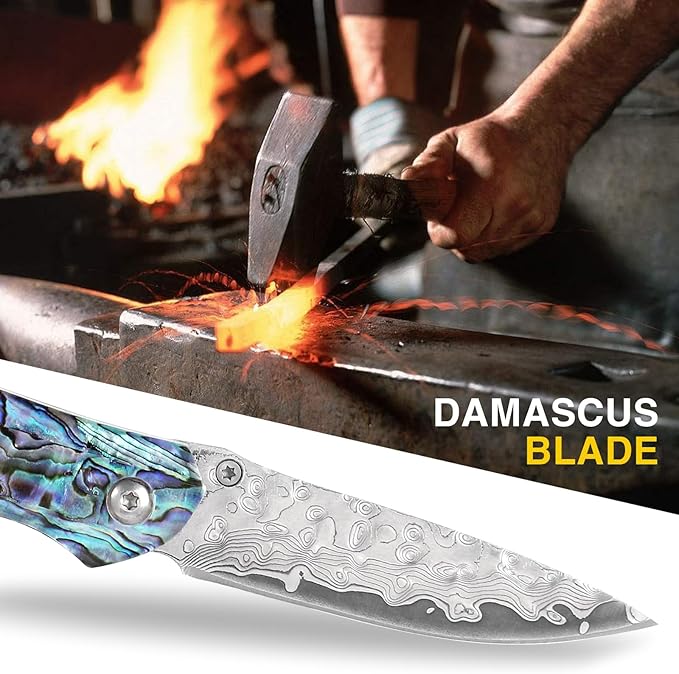 Handmade Damascus Steel Folding Pocket Knife - Abalone Shell Handle, Leather Sheath & Sharpener | Compact EDC Tool for Outdoor, Camping, Gifts