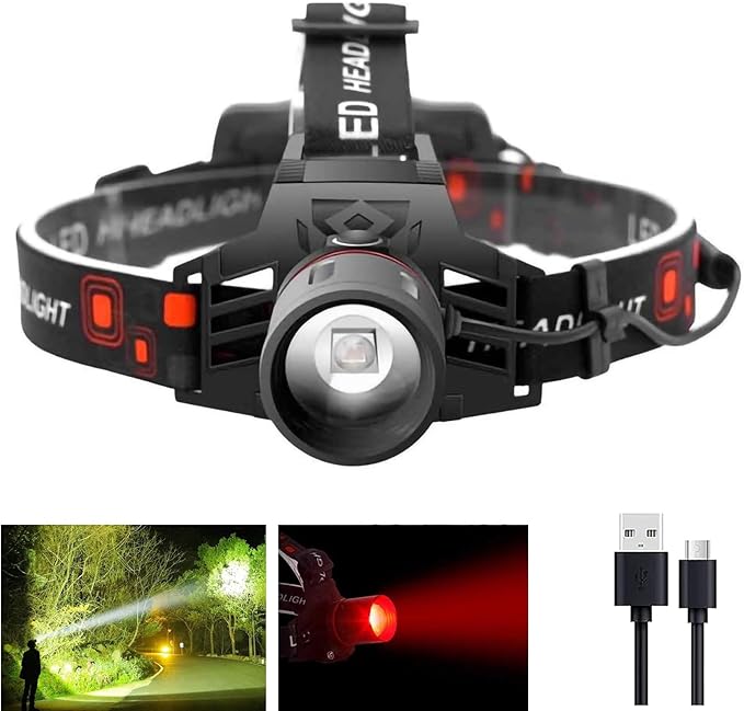 WINDFIRE White Red LED Rechargeable Headlamp, Super Bright Hunting Headlamps, 4 Modes 90° Adjustable Zoomable Headlights for Running, Camping, Hiking, Fishing, Night Vision, Astronomy
