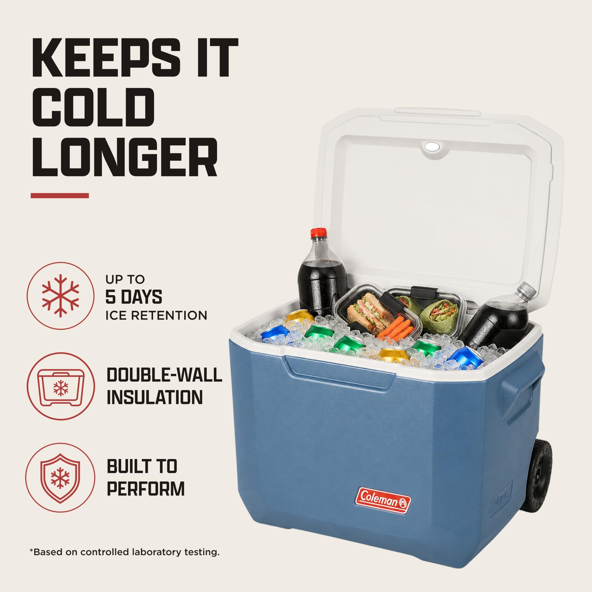 Coleman Xtreme 50qt Rolling Cooler with Wheels, Extra-Walled Insulation Keeps Ice up to 5 Days