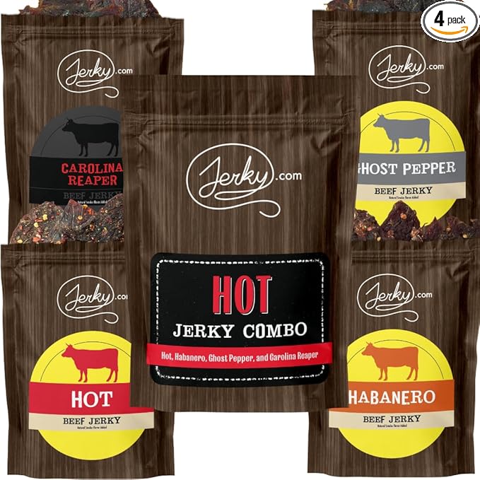 Jerky.com Hot Jerky Combo - Featuring Habanero, Ghost Pepper, Carolina Reaper, and Classic Hot Beef Jerky - Perfect for Heat Seekers and Flavor Enthusiasts - Great Gift for Men (4 Flavors - 2.5 oz. bags)