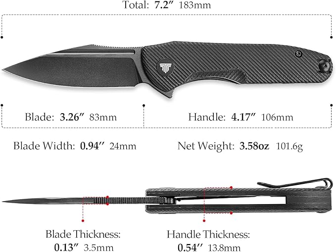 Knives，EDC Pocke Knife with Clip，Folding Flipper Knife for Menï¼?.26" 14C28N Steel Blade（PVD Blackwash），G10 Scales，Outdoor Camping Tool - Antliae-03BG