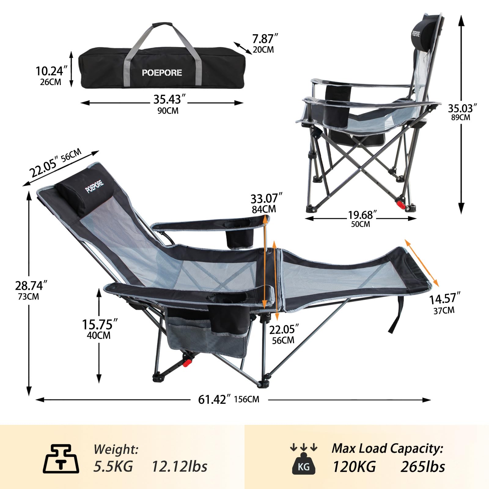 POEPORE Reclining Camping Chair with Removable Footrest Lounge Chair with Headrest, Cotton Cushion