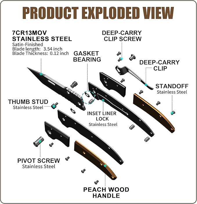 Vickay Pocket Knife, Folding Knife with Clip - 3.54″ Tanto Serrated Blade, Wood Handle EDC Knife for Men & Women, Outdoor Camping, Tactical, Hiking, Survival - Father’s Day Gift (Satin Silver)