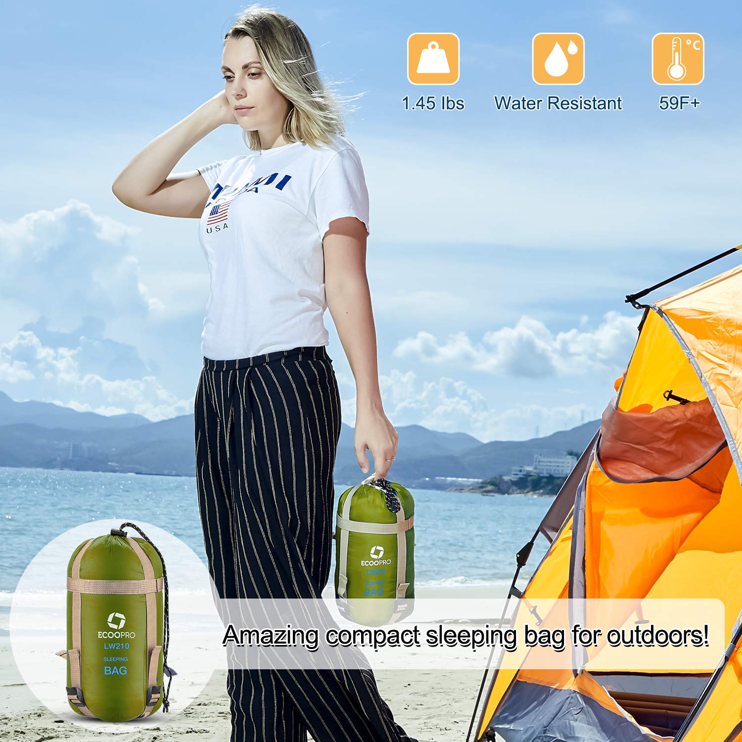 ECOOPRO Portable, Waterproof, Lightweight Sleeping Bag with Compression Sack - For Camping