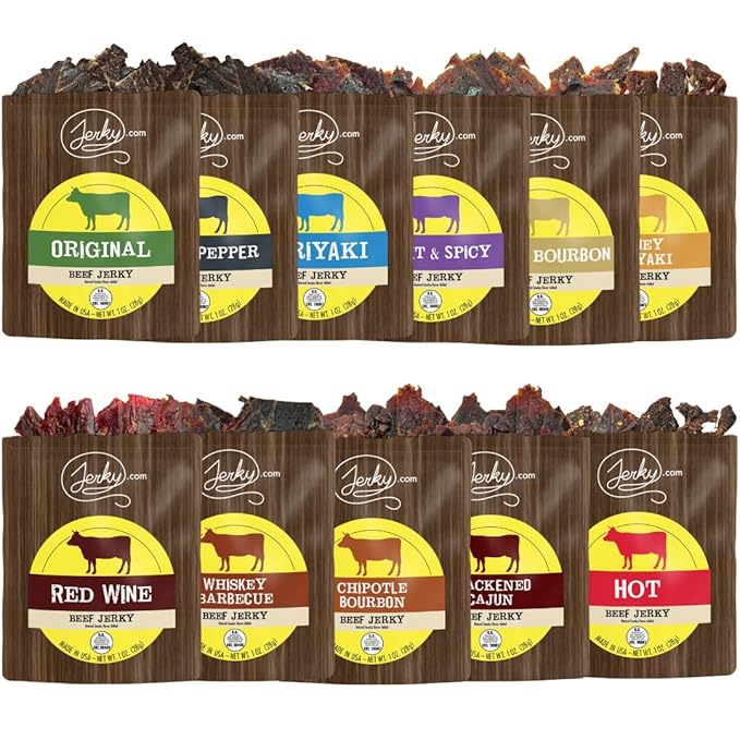 Jerky.com Beef Jerky Sampler - Featuring Original, Black Pepper, Teriyaki, Sweet & Spicy, Hot, Chipotle Bourbon, Blackened Cajun, Honey Teriyaki, Red Wine, Whiskey BBQ, Honey Bourbon - Unique Gift for Men (11 Flavors - 1 oz. bags)