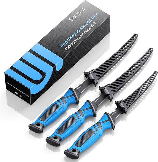 Fillet Knife and Bait Knife Set Performance 5"-6"-7" G4116 German Flex Razor Sharp Stainless-Steel Blade with Sheath for Filleting and Boning, Pro Fishing Gear and Equipment Tools, Cool Fishing Gift for Men (Black-Blue)