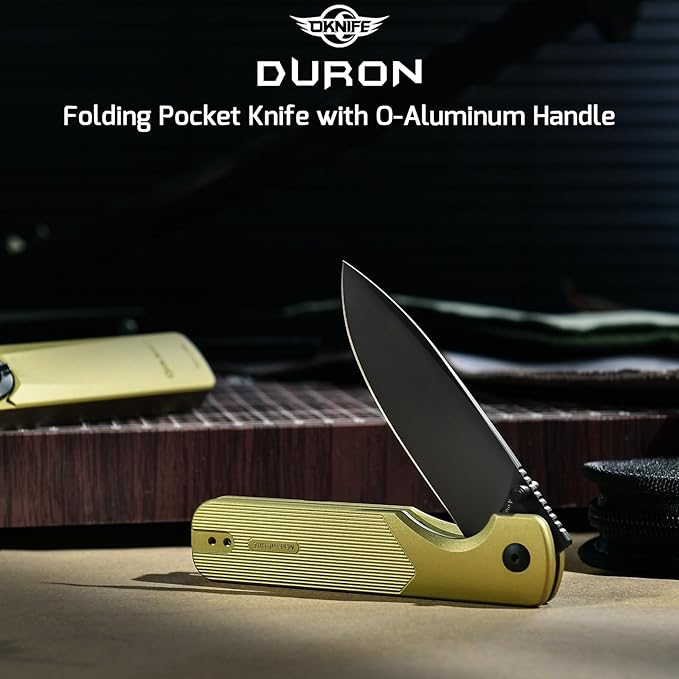 OKNIFE Duron Folding Pocket Knife, 3.5" PVD Coated Nitro-V Steel Blade, Frame Lock Lightweight O-Aluminum Ambidextrous Handle with Clip, Ideal EDC Tool for Outdoor, Camping & Survival (Olive Green)