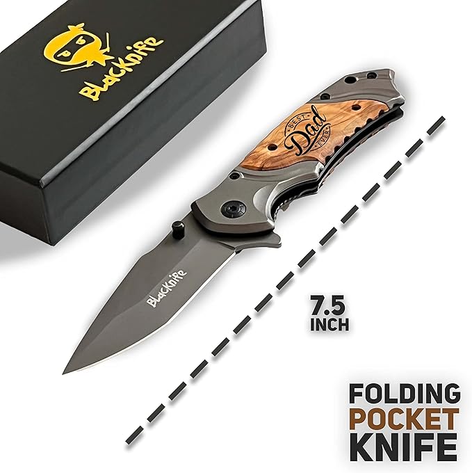 BlacKnife Gift For Dad Folding Pocket Knife with Wooden Handle and Clip, Pocket Knife For Men – Fathers Day Gift Ideal Knife for Camping, Hunting, DIY, Outdoor Gear (Best Dad Ever)