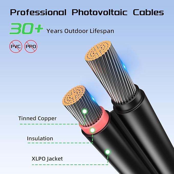 Bateria Power 6 Feet 8AWG Solar Panel Extension Cable, 10mm² Twin Wire Conductor Parallel Solar Wire Adapter Kit with Waterproof Female & Male Solar Connectors for RV, Marine, Photovoltaic Systems