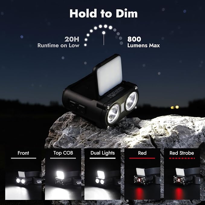 WARSUN Rechargeable Fishing Headlamp ??800 Lumens LED Headlight with 90° Adjustable COB Panel, Motion Sensor, 5 Modes, Ideal for Night Fishing, Camping, Hiking, Emergency
