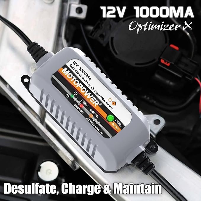 MOTOPOWER MP00205B 12V 1000mA Automatic Battery Charger, Battery Maintainer, Trickle Charger, and Battery Desulfator with Timer Protection - Grey