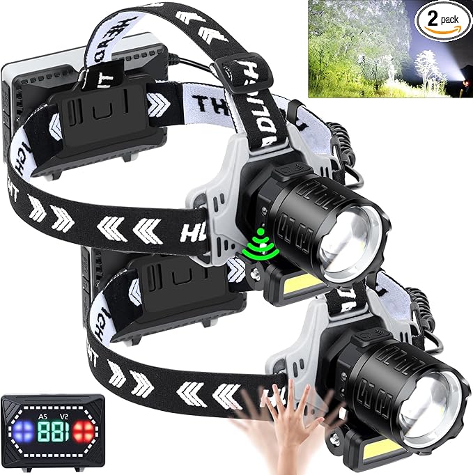 LED Headlamp Rechargeable 1000 Lumens Super Bright with 10 Modes & Motion Sensor, 2 Pack Head Lamp with Zoomable, IPX7 Waterproof, 135°Adjustable for Outdoor Hiking Camping
