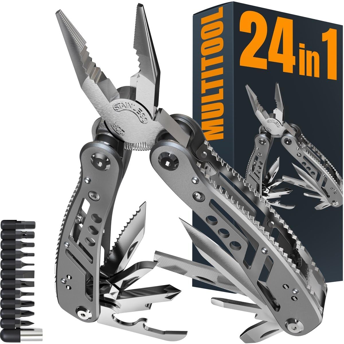 24-in-1 Multitool with Knife, Pliers & 11 Bits Sharp Stainless Steel - Multi Tool for Men - Ideal