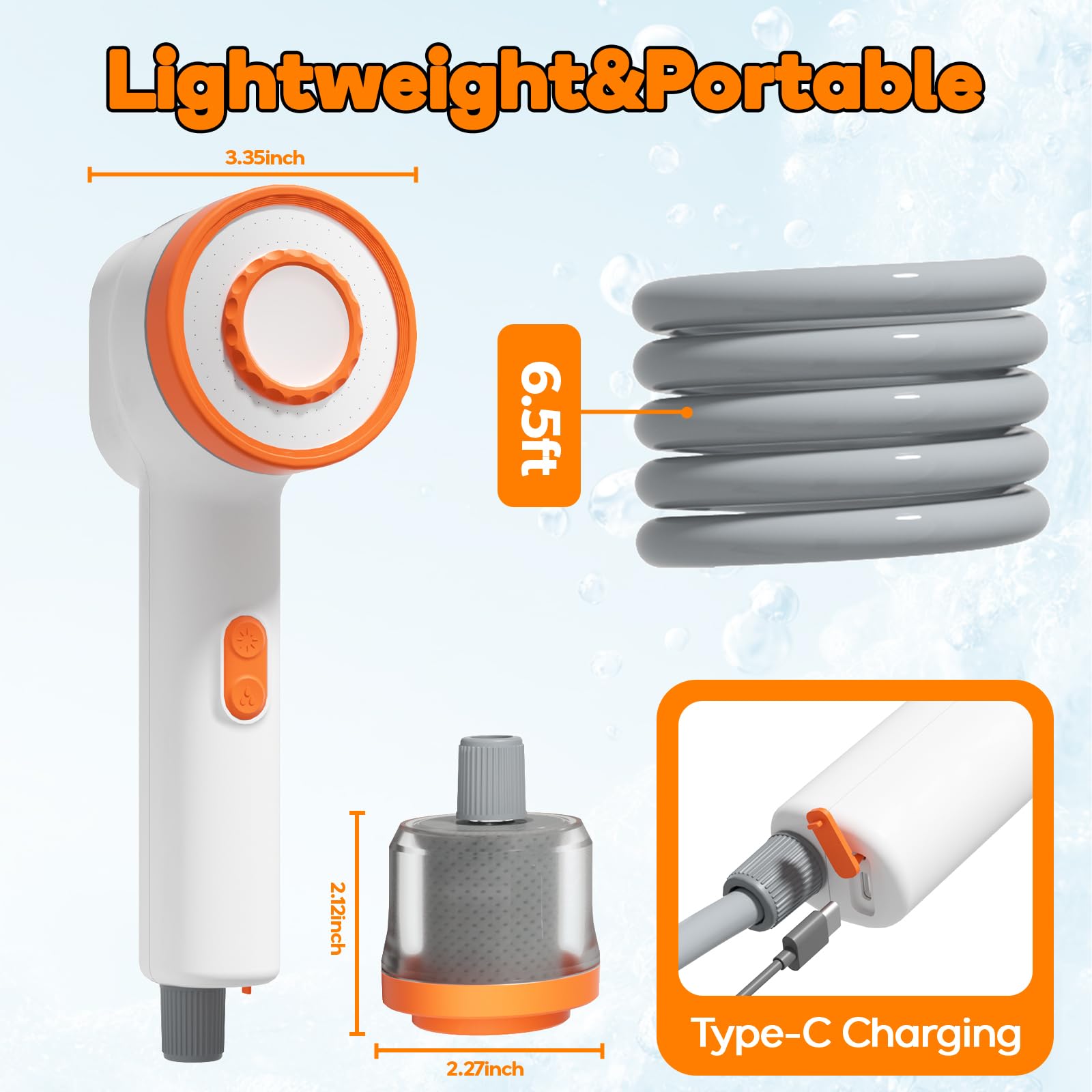 Portable Shower for Camping, Rechargeable Shower Head with LED Light, Camp Shower Pump with Filter