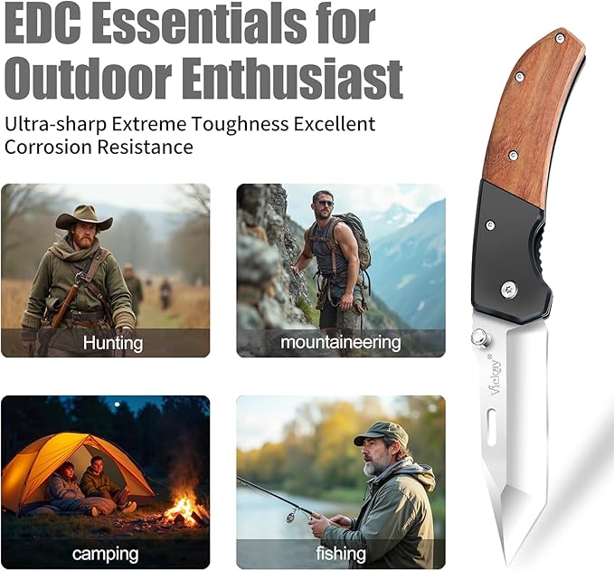 Vickay Pocket Knife, Folding Knife with Clip - 3.54??Tanto Blade, Wood Handle EDC Knife for Men & Women, Outdoor Camping, Tactical, Hiking, Survival - Father?™s Day Gift (Satin Silver)