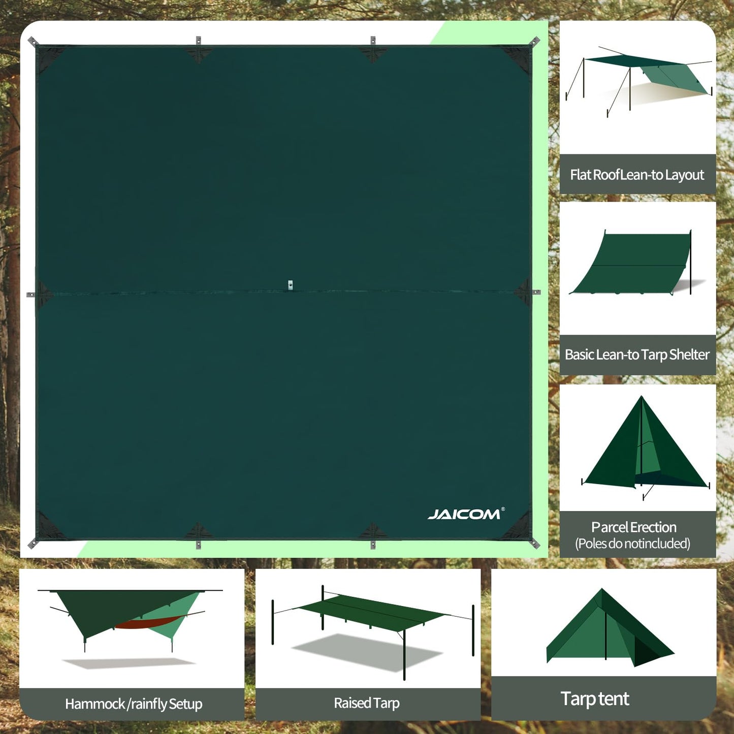 JAICOM Waterproof Camping Tarp - 10X10ft Hammock Rain Fly, Ultralight & Portable & UV Protection