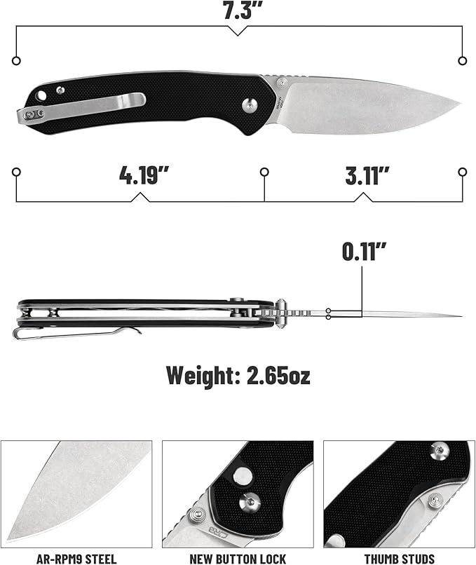 CJRB Folding Knife Pyrite (J1925) AR-RPM9 Blade and G10 Handle EDC Pocket Knife with Clip Black