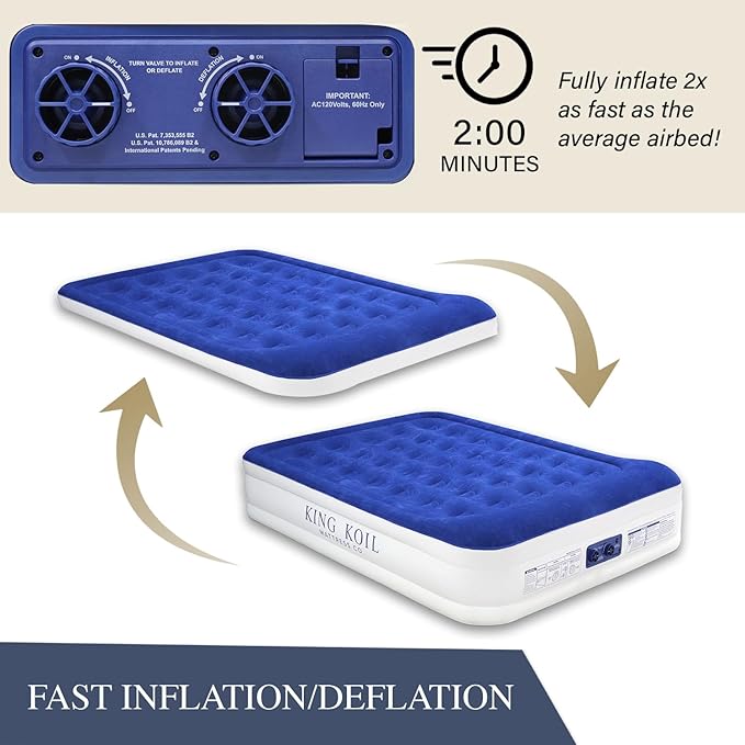 King Koil Luxury Queen Air Mattress with Built-in Pillow & Ultra-Fast Built-in High-Speed Pump, 20??Inflatable Premium Airbed, Waterproof, Adjustable Firmness, 1-Year Manufacturer Warranty