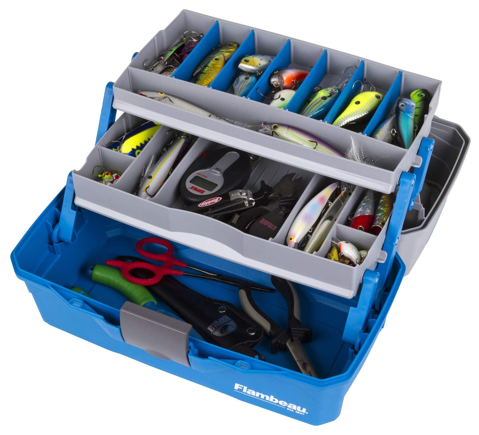 Flambeau Outdoors 6382 2-Tray Tackle Box, 15 Compartments, Blue and Gray