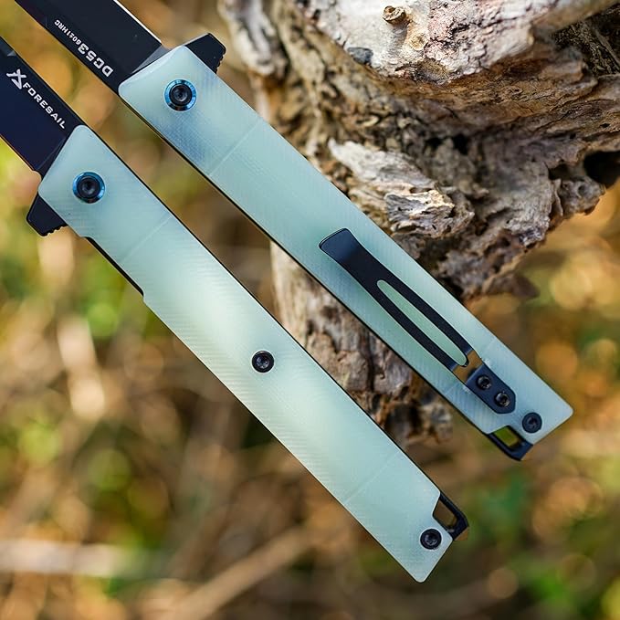 Flipper Pocket Folding Knife,DC53 Steel Blade and G10 Handle. With pocket clip and glass breaker,men's pocket knife hiking trip EDC tool Knife (Natural G10 Handle-D)