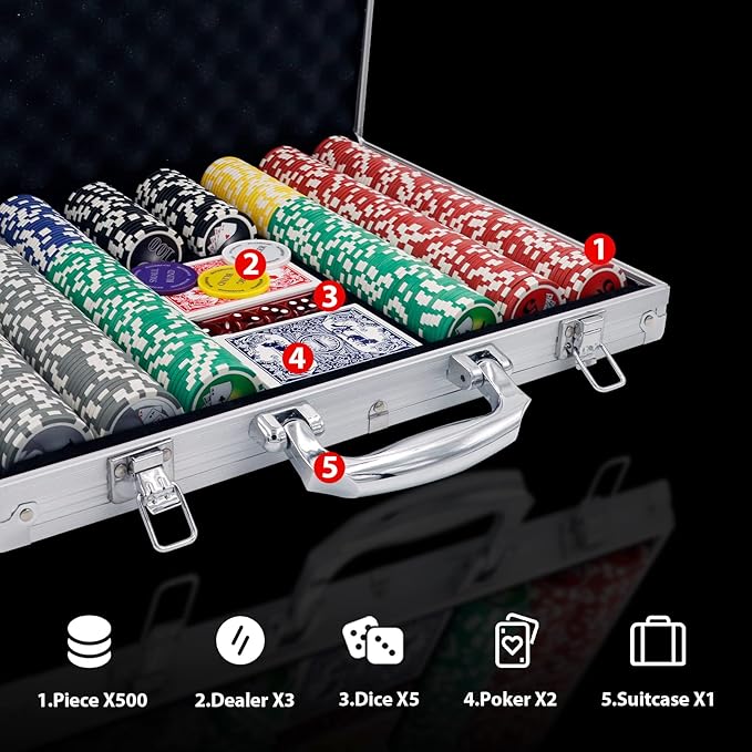 Boyzhood Poker Chips with Numbers,500PCS Poker Chip Set with Aluminum Travel Case,11.5 Gram Poker Set for Texas Holdem and Blackjack Gambling.