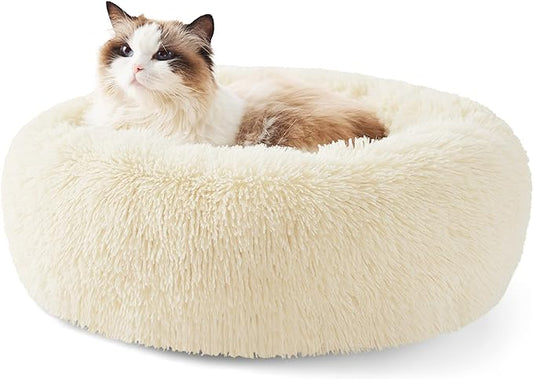 Bedsure Calming Cat Beds for Indoor Cats - Small Cat Bed Washable 20 inches, Anti-Slip Round Fluffy Plush Faux Fur Pet Bed, Fits up to 15 lbs Pets, Ivory Beige