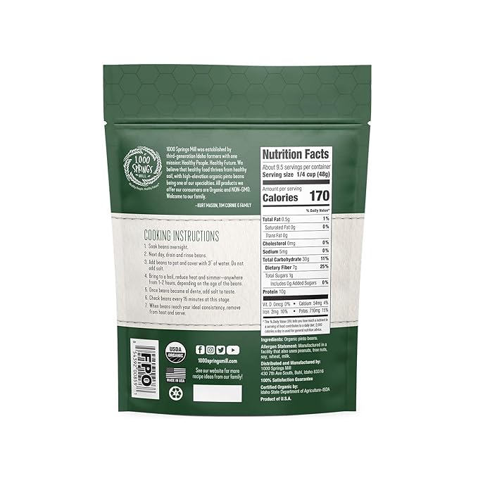 1000 Springs Mill - Organic Pinto Beans | Used for Soups, Stews, Dips, Chili, Burritos, Refried Beans and more | Bulk Dry Brown Beans | Resealable Bag | Vegan Friendly | 16oz (Pack of 1)