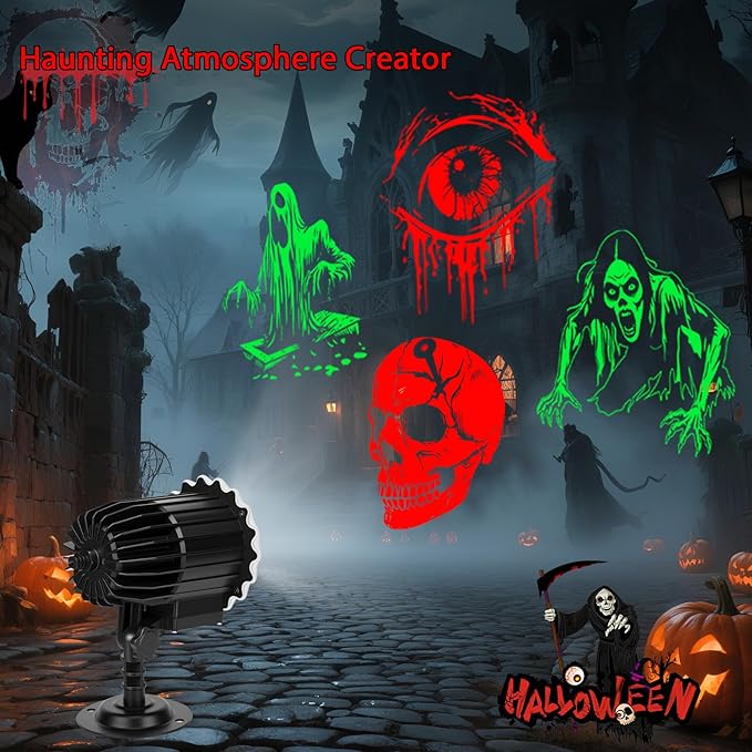 Brighter Halloween Decorations Projector Lights Outdoor, Display 4 Dynamic HD Patterns at a Time(Skulls, Zombies, Ghost, Eyes), Holiday Projector Light for Yard, Patio, Garden, Party Decor