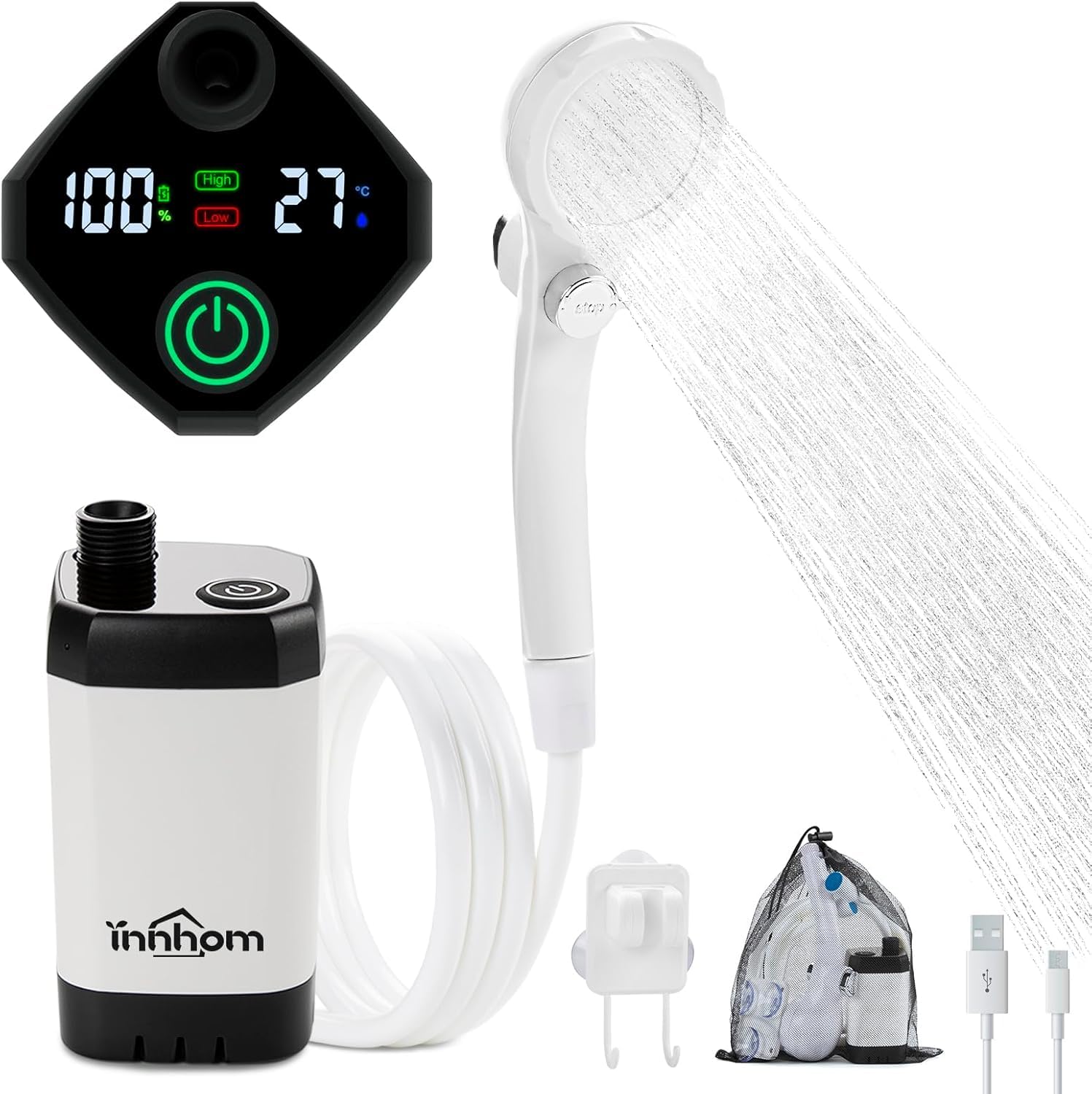 innhom Portable Camping Shower, 6000mAh Rechargeable Camp Shower Pump with LED Display, IPX7