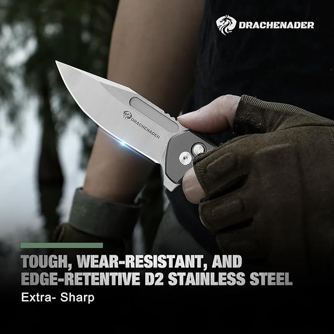 Button Lock Pocket Knife with Nylon-Sheath (Horizontal and Vertical Carry), B-FENG Pocket Knife for Men with Aluminum Handle, Clip, D2 Stainless Steel, for Camping (Gray)