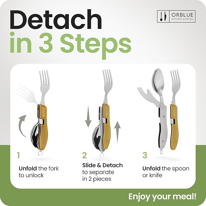 Orblue 4-in-1 Camping Eating Utensils, 2-Pack - Portable Spoon, Fork, Knife & Bottle Opener Combo Set - Stainless Steel Flatware with Detachable Fork - Travel, Backpacking Cutlery Multitool, Yellow