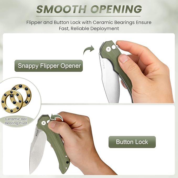 Folding Pocket Knife with Leather Sheath, 3.47" N690Co Premium Steel Blade G10 Handle Knives, EDC Small Folding Knife for Men Women, Outdoor Survival Camping Hiking Knife (Green)