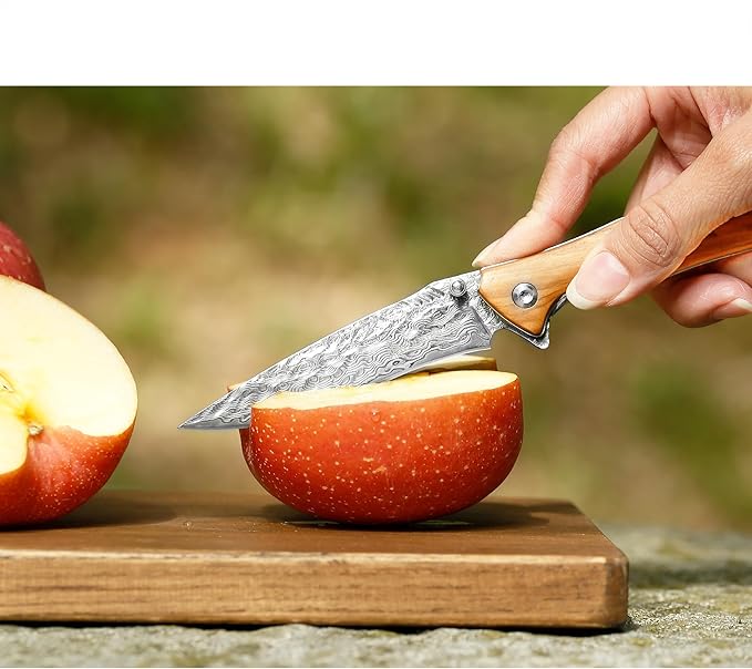 YOUSUNLONG Folding Knives Overall 210mm Pocket Knife - Hammered Damascus Steel Blade - Natural Italian Olive Wood Cover