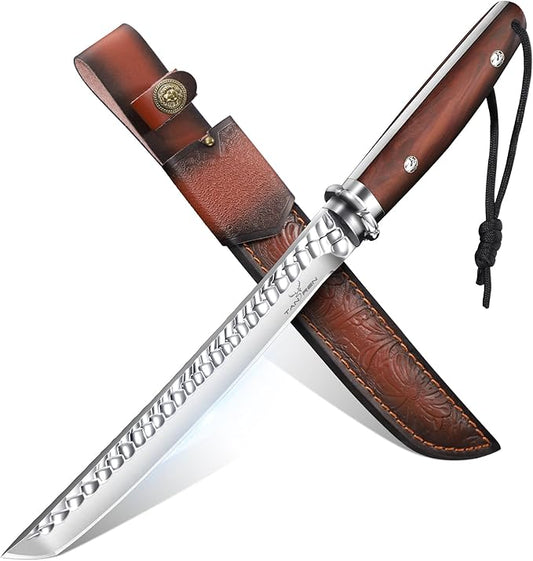TAN REN Hunting Knife with Sheath, 8.3 Inch Fixed Blade Survival Outdoor Knife with Wooden Handle for Camping, Bushcraft, Father's Day Gift
