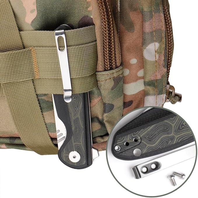 ioko Folding knife D2 blade material, G10 two-color handle, suitable for men and women outdoor camping carrying knife, sharp and durable blade, with pocket clip (argent)