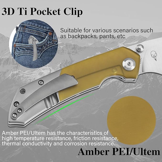 KANSEPT Fenrir Pocket Folding Knives for Men EDC Camping EDC Knives 3.48'' Satin CPM S35VN Material Camping Fishing Knives with Plain Titanium Amber PEI/Ultem Handle Everyday Carry K1034P1