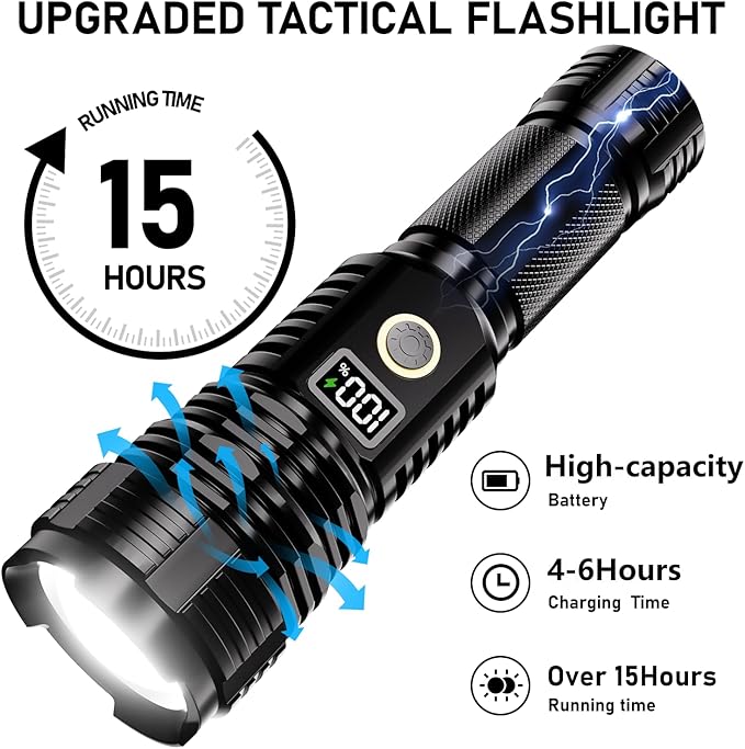 Flashlights High Lumens Rechargeable, LED Super Bright Flash Light Long Beam, Zoomable Linternas with LCD Digital Display, 5 Mode, Waterproof, Powerful Tactical Flashlight for Emergencies Camping Gift