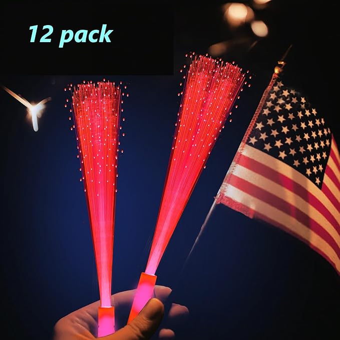 12 Pack Red Glow Fiber Optic Wands Bulk Light Up Wand Glow Sticks with 3 Lighting Modes for Christmas Valentine's Day Easter 4th of July Halloween