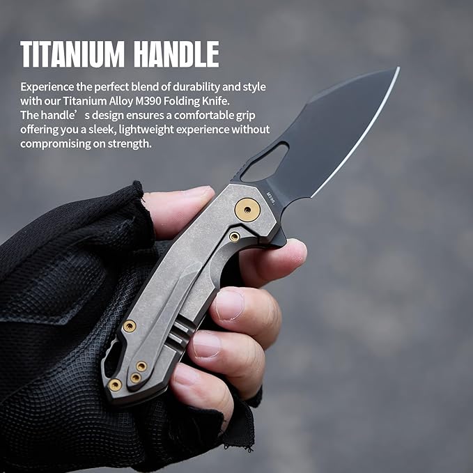 Folding Knife pocket knife EDC Knife With Clip Survival knife Camping knife - M390 Steel Titanium Handle - Outdoor Camping Survival Hunting knife with Sheath (Bronze)
